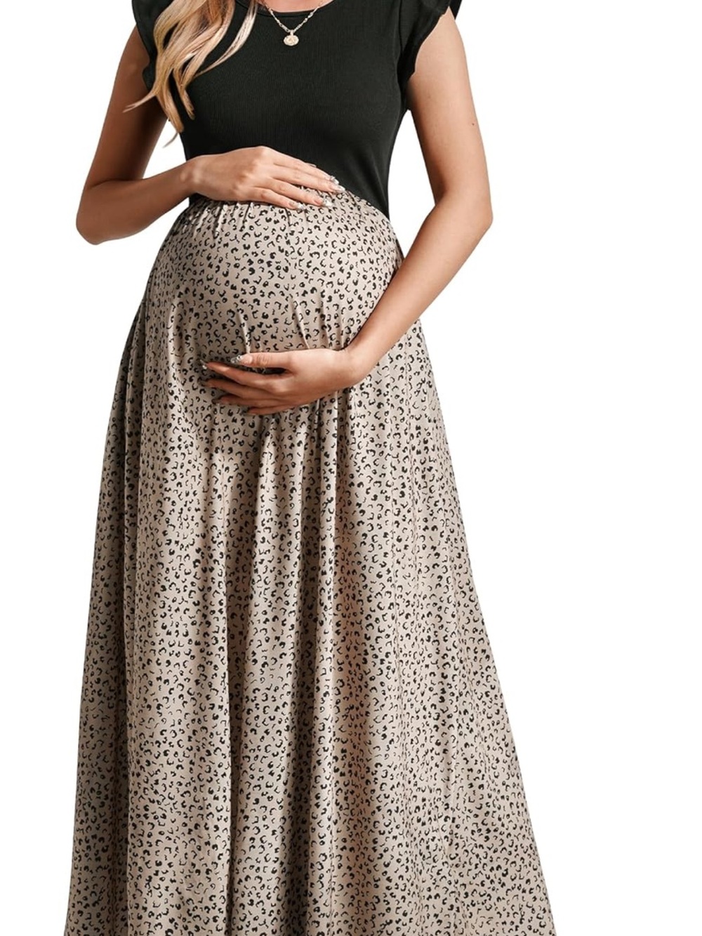 Ouges Maternity Maxi dress in leopard print with black ribbed top